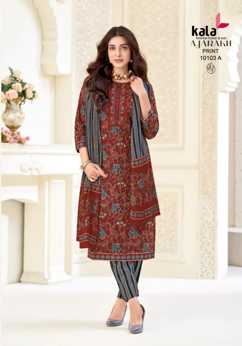 Ajarakh Vol 1 By Kala Cotton Readymade Kurti With Bottom Dupatta 